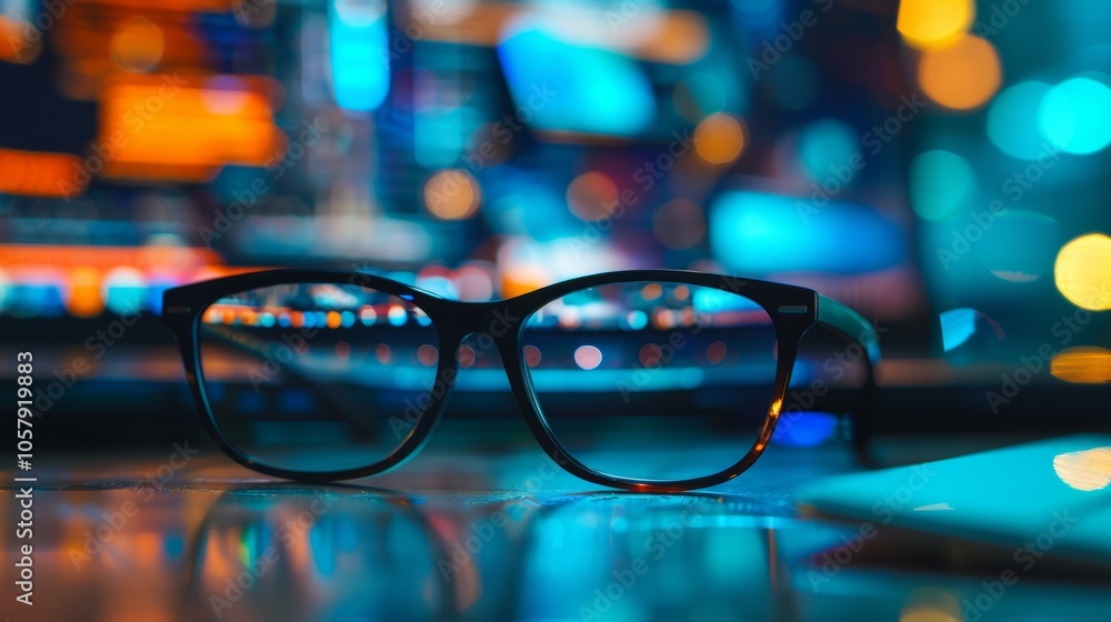 Stylish glasses with colorful digital bokeh background