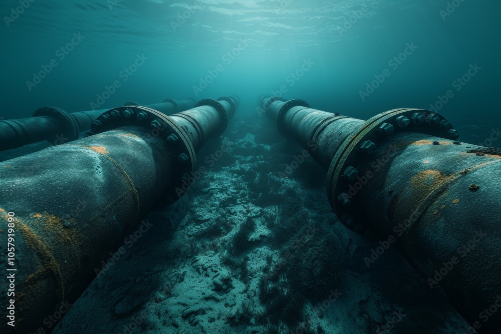 Underwater gas pipeline extending through ocean depths with clear visibility and intricate details Underwater gas pipeline extending through ocean depths with clear visibility and intricate details