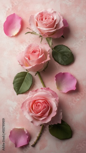 Soft pink roses with petals arranged on a gentle pink background showcasing n...