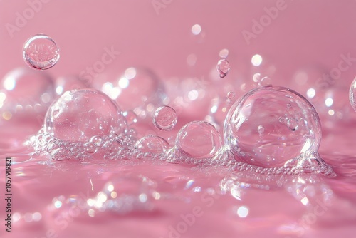 Soft pink fabric drapes billowing gently with floating bubbles in a tranquil ...