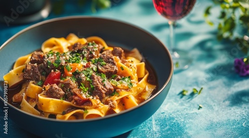Delicious egg noodles topped with beef stew on a bright blue table
