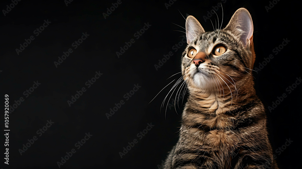A beautiful cat with big green eyes is looking up at something. The cat is sitting in front of a black background, which makes its fur stand out. A beautiful cat with big green eyes is looking up at something. The cat is sitting in front of a black background, which makes its fur stand out.