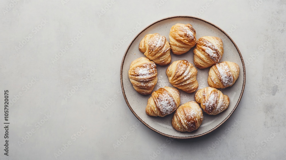 Bite-sized pain au chocolats arranged on a plate, isolated on a neutral gray background, with powdered sugar Bite-sized pain au chocolats arranged on a plate, isolated on a neutral gray background, with powdered sugar