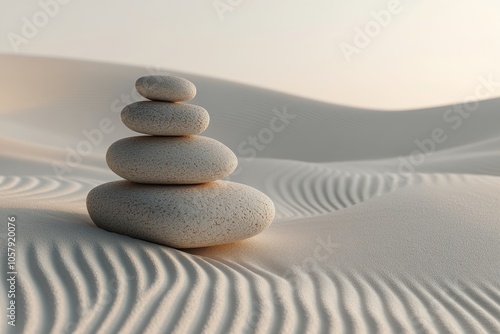 Stacked pebbles on smooth sand creating a tranquil scene in a minimalist setting