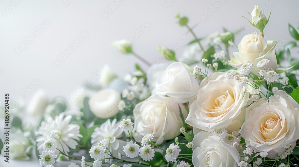A bouquet of white roses and daisies with green leaves on a light background A bouquet of white roses and daisies with green leaves on a light background