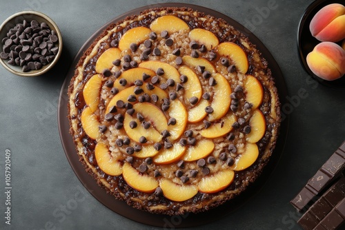 Delicious upside down cake with peaches and chocolate chips served on a black...