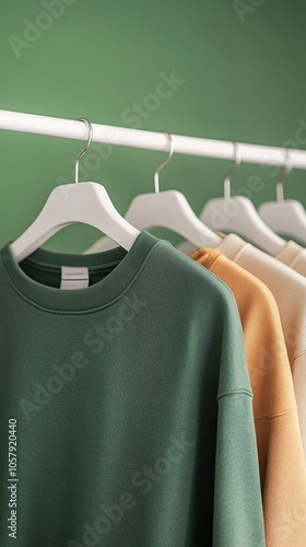 Stylish sweatshirts hanging on a rack with a green background in a modern set...