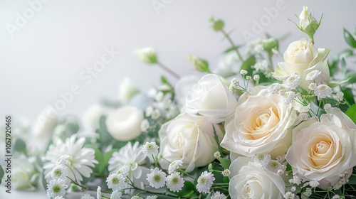 A bouquet of white roses and daisies with green leaves on a light background