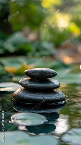 Four smooth stones stacked in serene water surrounded by lush greenery in a t...