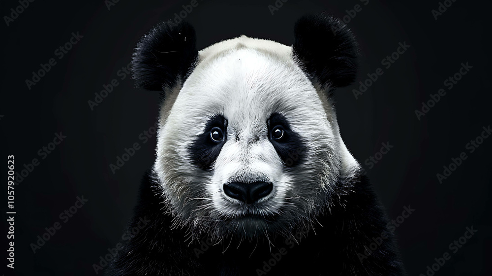 Fototapeta premium A close-up of a panda's face. The panda is looking at the camera with its big, round eyes. Its fur is black and white, and its nose is pink.