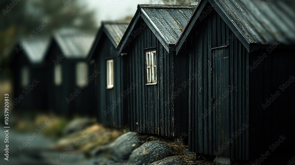 A line of black cabins rests beside each other on top of a field of grass alongside a forest A line of black cabins rests beside each other on top of a field of grass alongside a forest