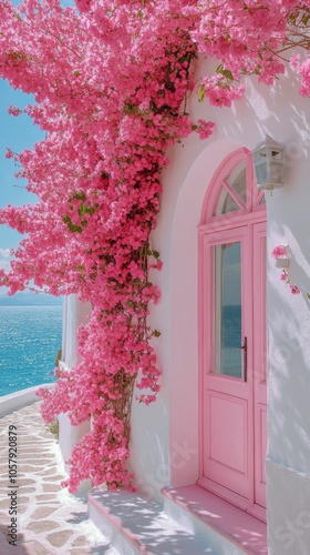 A vibrant pink bougainvillea surrounds a charming coastal doorway by the sea