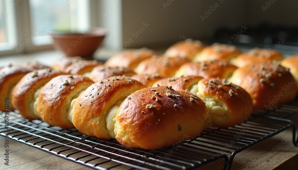 Freshly baked fluffy buns with happiness on a rustic kitchen background Freshly baked fluffy buns with happiness on a rustic kitchen background