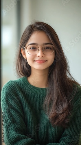 Young woman with glasses smiling warmly indoors in a cozy setting during dayl...