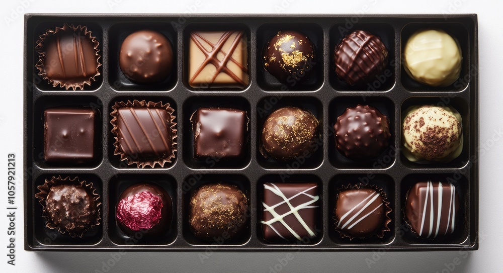 Chocolate Box Overhead View. Luxurious Assortment of Sweet Truffles and Bonbons in Studio Shot Chocolate Box Overhead View. Luxurious Assortment of Sweet Truffles and Bonbons in Studio Shot