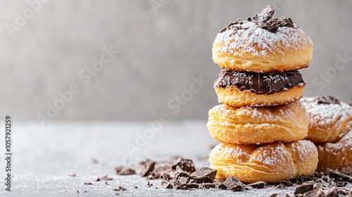 Mini pain au chocolat tower, isolated on a light gray background, with chocolate flakes and powdered sugar photo