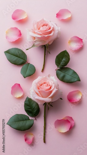 Soft pink roses with petals arranged on a gentle pink background showcasing n...