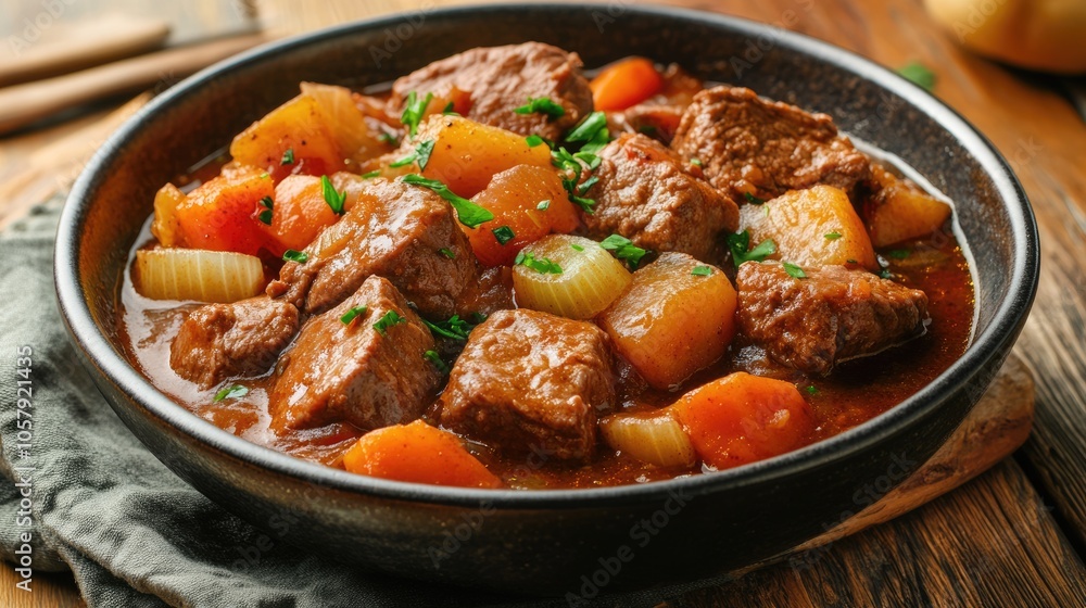 Delicious Lamb Stew. Savory Meat and Vegetables in Rustic Bowl on Wooden Table Delicious Lamb Stew. Savory Meat and Vegetables in Rustic Bowl on Wooden Table