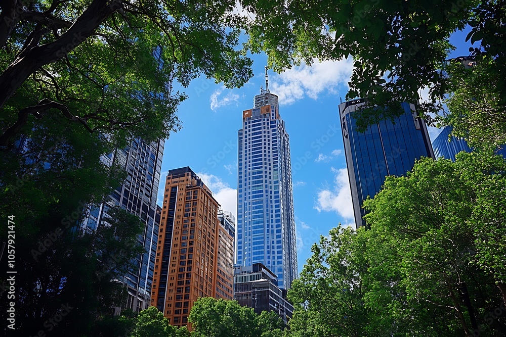 Fototapeta premium Modern Skyscraper District with Lush Greenery