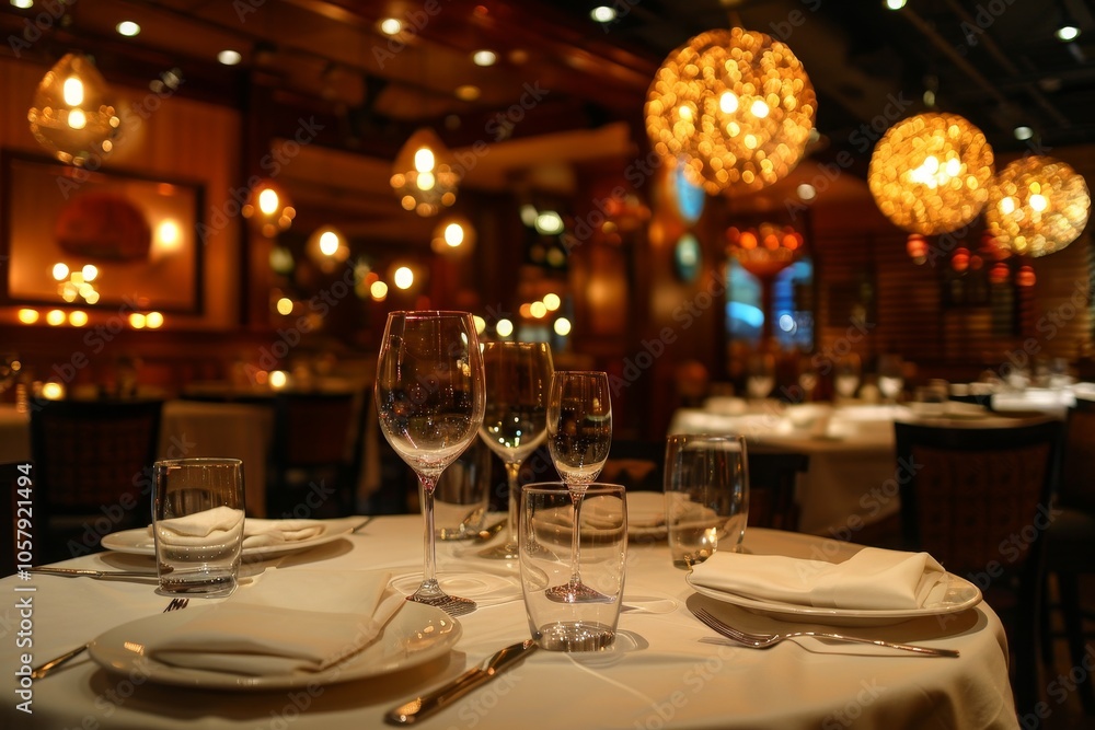 elegantly set dining table in a luxurious restaurant with a romantic ambiance. elegantly set dining table in a luxurious restaurant with a romantic ambiance.
