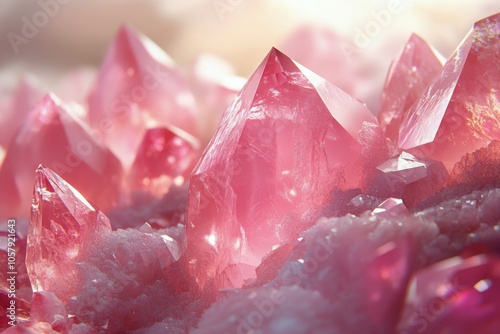 Shimmering pink quartz crystals reflecting light in a close up view