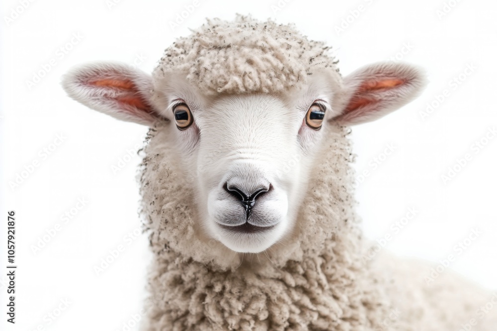 A close up of a young lamb looking curiously at the camera against a plain background A close up of a young lamb looking curiously at the camera against a plain background