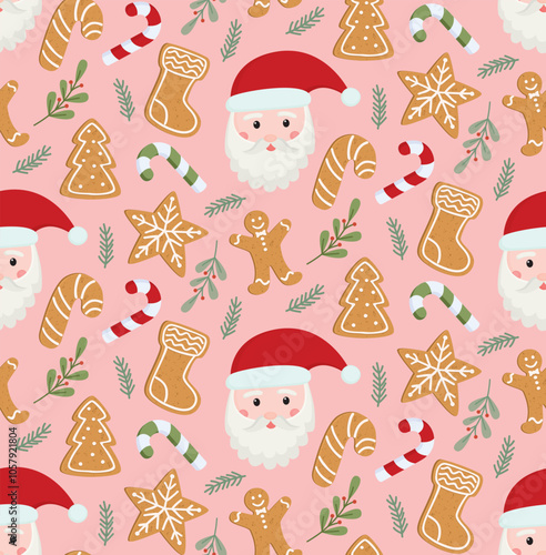 Seamless background with cute Christmas elements. Hand drawn pattern with Santa Claus faces, gingerbread cookies and green plants