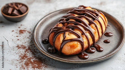 Pain au chocolat on a rustic plate isolated on a light gray background, with decorative swirls of caramel photo