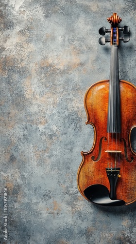 A beautifully crafted wooden violin rests against a textured gray background