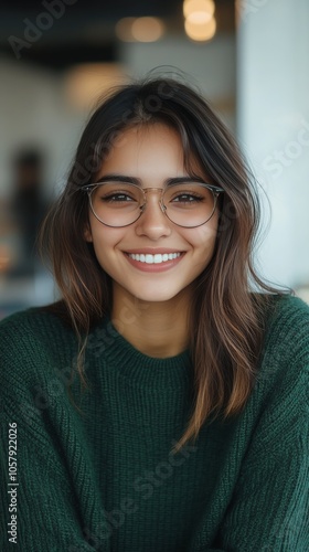 Young woman with glasses smiling warmly indoors in a cozy setting during dayl...