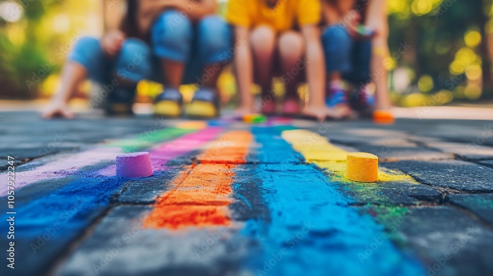 Closeup of colorful chalk drawings on a sidewalk with children drawing in the background. Closeup of colorful chalk drawings on a sidewalk with children drawing in the background.