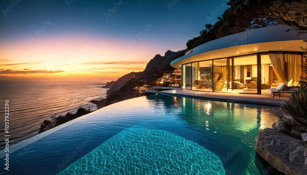 Obraz premium An expansive seaside infinity pool within a luxurious estate, perched on a cliff, presenting