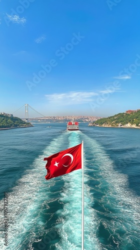 A ferry cruise on the Bosphorus with the Turkish flag waving under a clear bl...