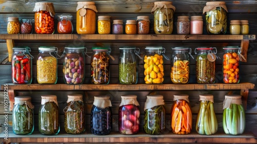 Wallpaper Mural Jars of preserved vegetables and spices on wooden shelves Torontodigital.ca