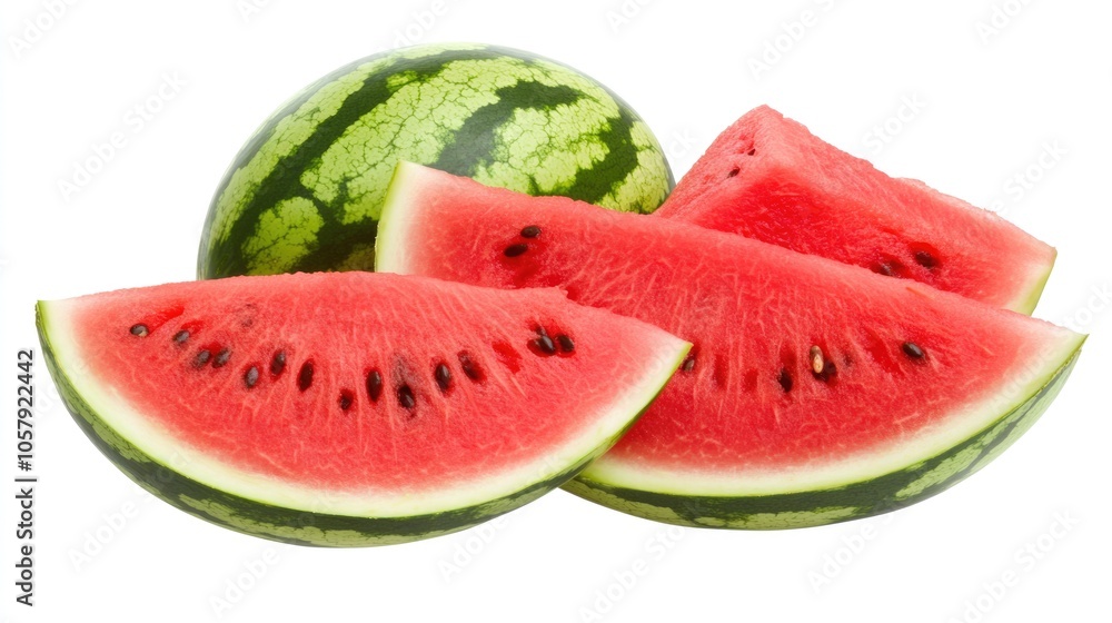 Fresh Watermelon Slices on White Background. Juicy Ripe Melon Cutouts. Fresh Watermelon Slices on White Background. Juicy Ripe Melon Cutouts.