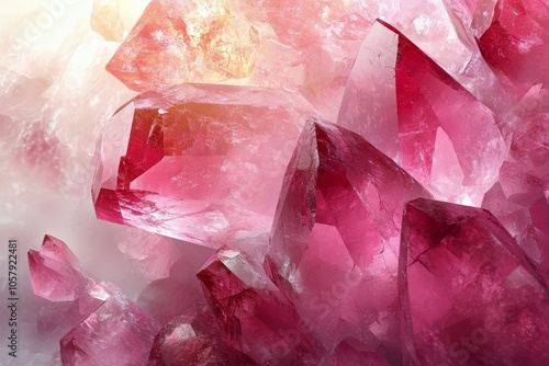 Shimmering pink quartz crystals reflecting light in a close up view