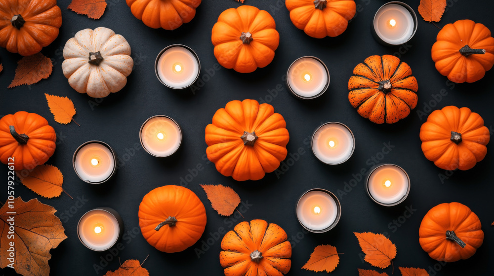 Top view of orange and white pumpkins with lit candles and autumn leaves on a dark background Top view of orange and white pumpkins with lit candles and autumn leaves on a dark background