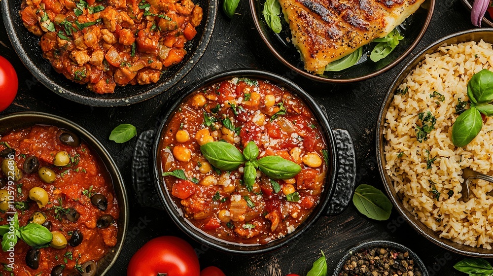 A photo of a table set with bowls of food, including a bowl of rice and a plate of meat A photo of a table set with bowls of food, including a bowl of rice and a plate of meat