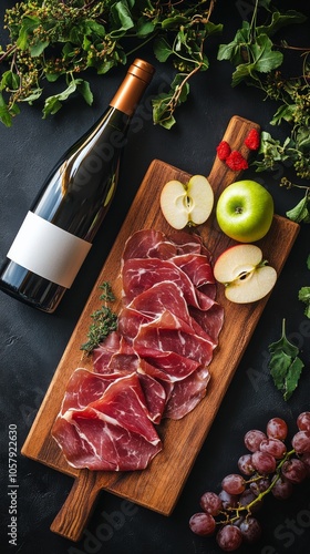 A rustic charcuterie board featuring cured meats, fresh apples, and a bottle ...