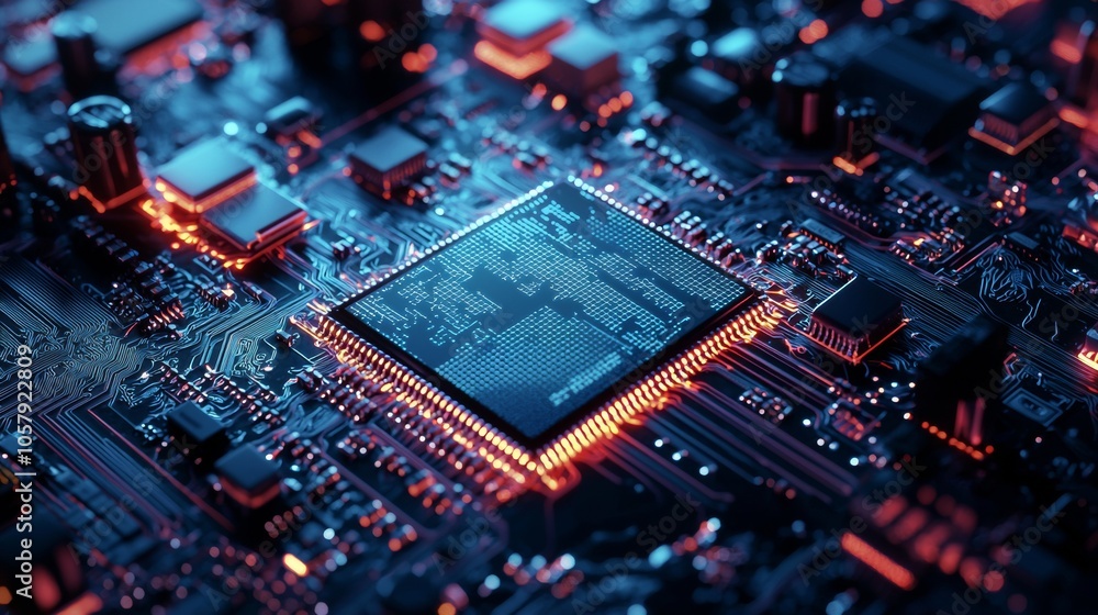 Close-up of microchip on circuit board with neon lights Close-up of microchip on circuit board with neon lights