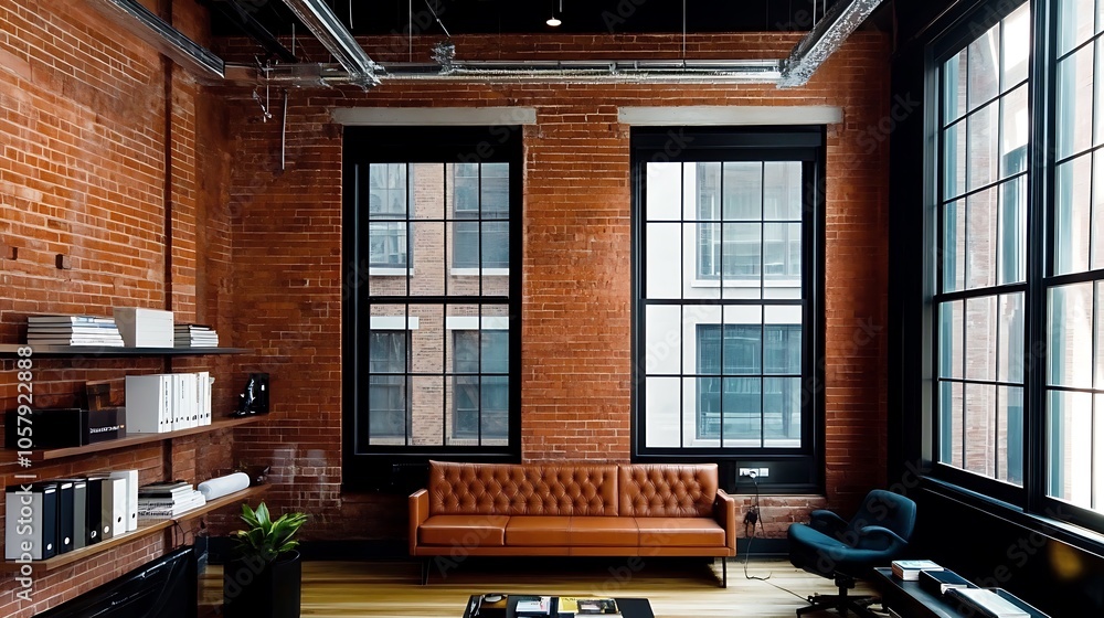 Modern Minimalistic Concrete Coworking Office room with Blank Walls, High Ceilings,and Mockup Frame Modern Minimalistic Concrete Coworking Office room with Blank Walls, High Ceilings,and Mockup Frame