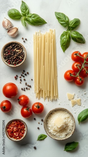 Fresh tomatoes and basil with spices and cheese on a white surface for a cook...
