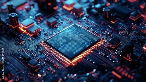 Close-up of microchip on circuit board with neon lights photo