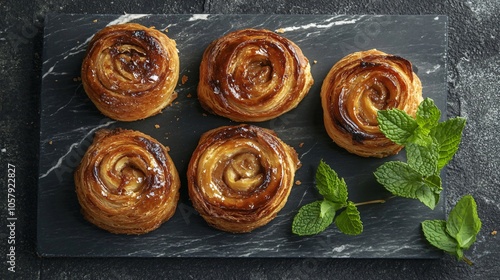 Rustic pain au chocolat on a marble board, isolated on a textured background, with a sprig of fresh mint nearby photo