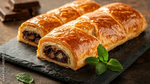 Rustic pain au chocolat on a marble board, isolated on a textured background, with a sprig of fresh mint nearby photo