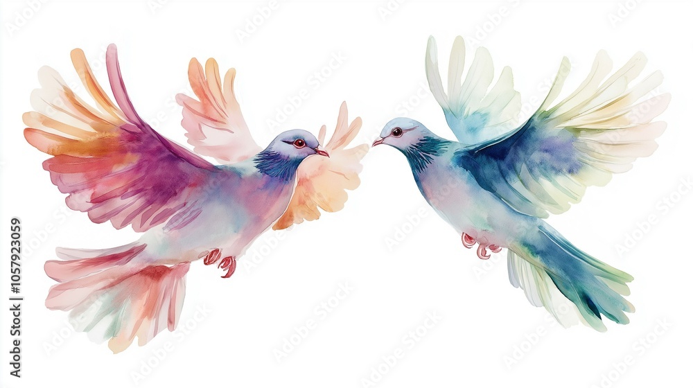 Fototapeta premium Two doves in flight, watercolor on white background