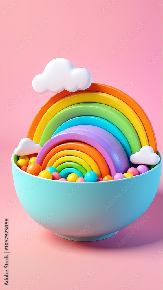 Colorful rainbow with clouds in a bowl on pastel pink background Colorful rainbow with clouds in a bowl on pastel pink background