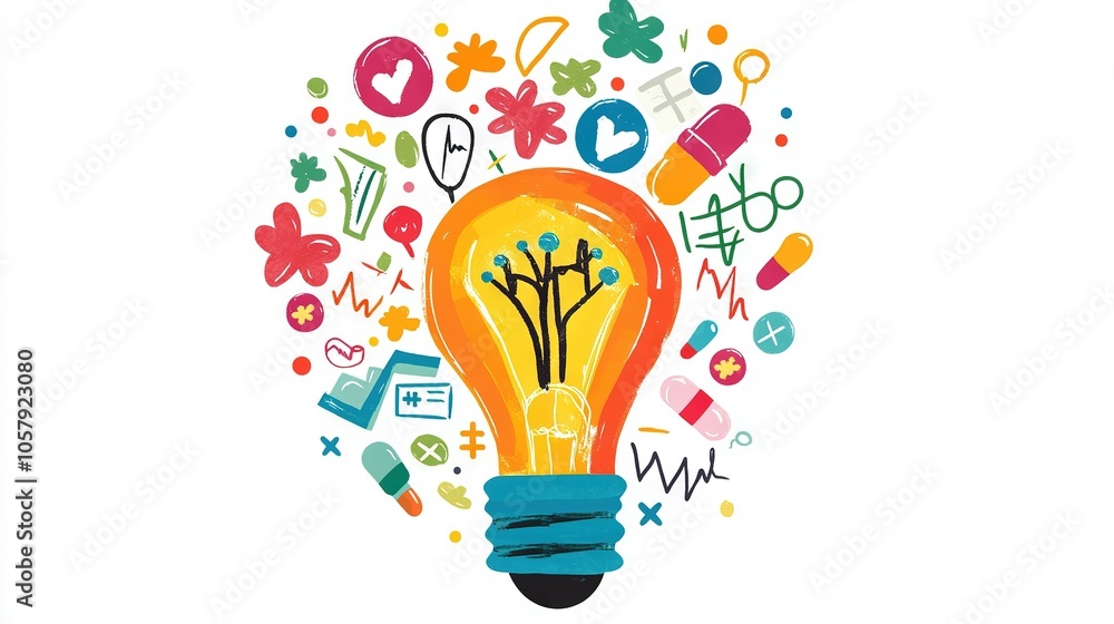 A drawing of a light bulb with many symbols emerging from its upper and lower halves A drawing of a light bulb with many symbols emerging from its upper and lower halves