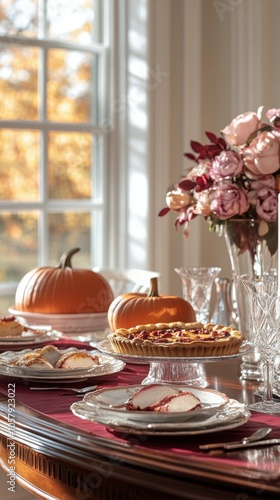 Autumn table setting with pie, pumpkins, and floral centerpiece in a cozy din...