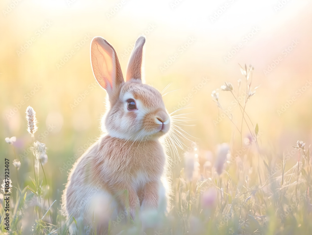 Cute Bunny Rabbit Sitting in a Field of Flowers at Sunset Cute Bunny Rabbit Sitting in a Field of Flowers at Sunset